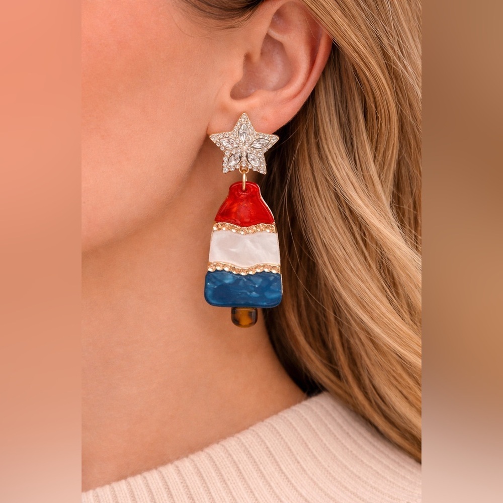 Patriotic Popsicle Earrings
Rhinestone Star Red White Blue
Dangle Novelty Summer